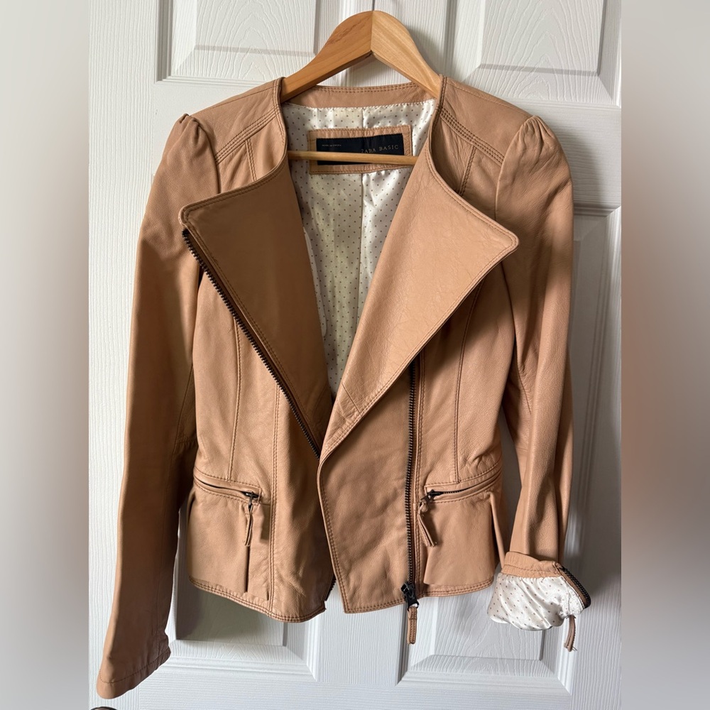 Zara Real Genuine Leather  Tan Beige Jacket Size Small